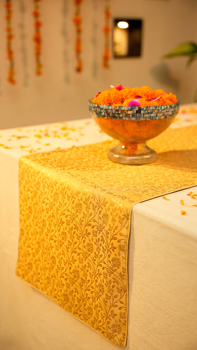 Elegant Gold Jacquard Weave Table Runner