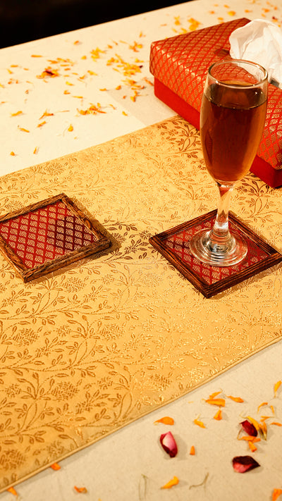 Perfect Diwali Golden Table Runner with Red Tissue Box & Coaster Set