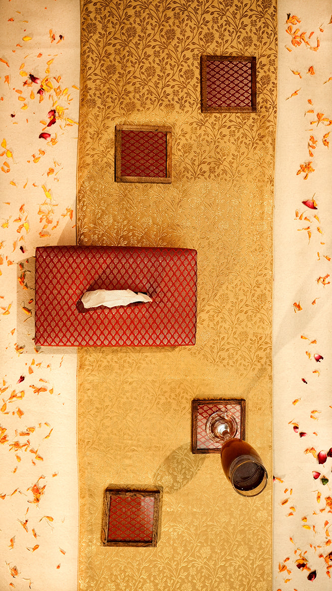 Perfect Diwali Golden Table Runner with Red Tissue Box & Coaster Set