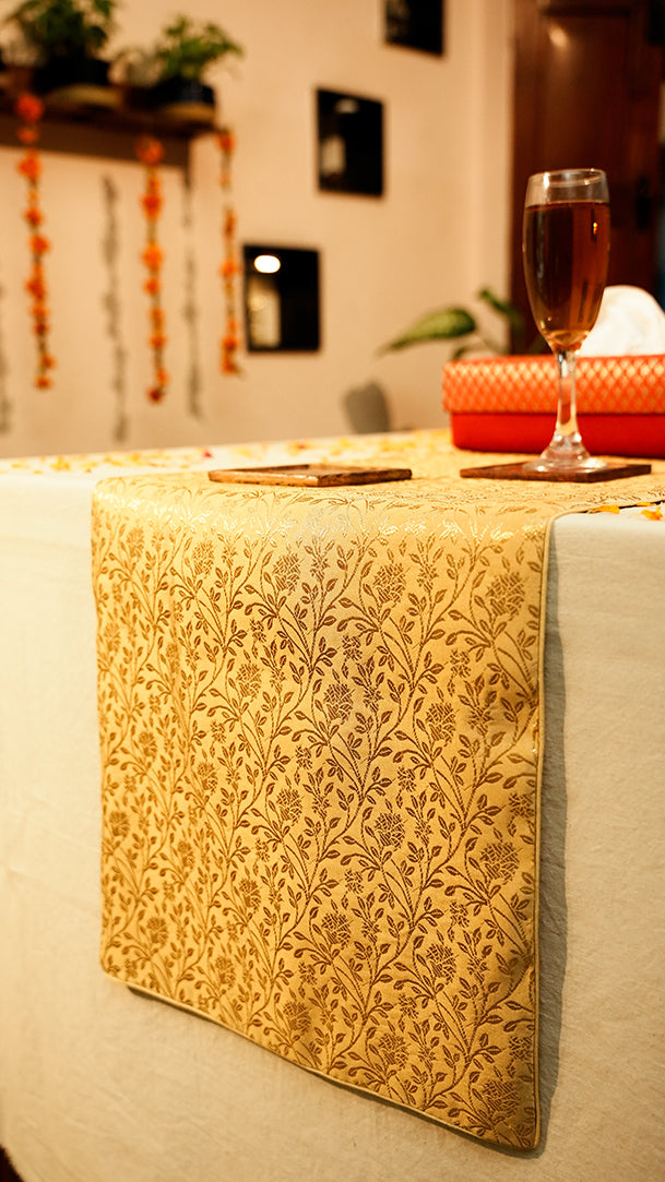 Perfect Diwali Golden Table Runner with Red Tissue Box & Coaster Set