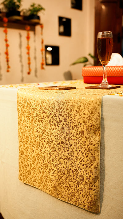 Perfect Diwali Golden Table Runner with Red Tissue Box & Coaster Set