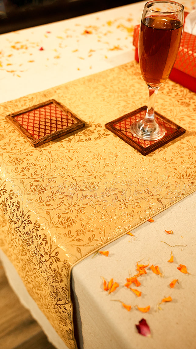 Perfect Diwali Golden Table Runner with Red Tissue Box & Coaster Set