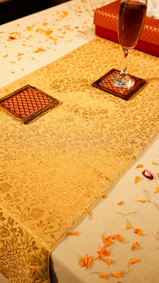 Elegant Gold Jacquard Weave Table Runner