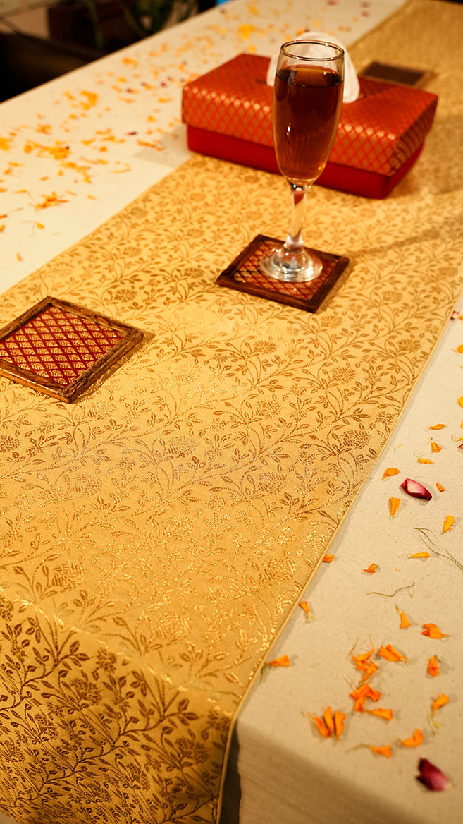 Perfect Diwali Golden Table Runner with Red Tissue Box & Coaster Set