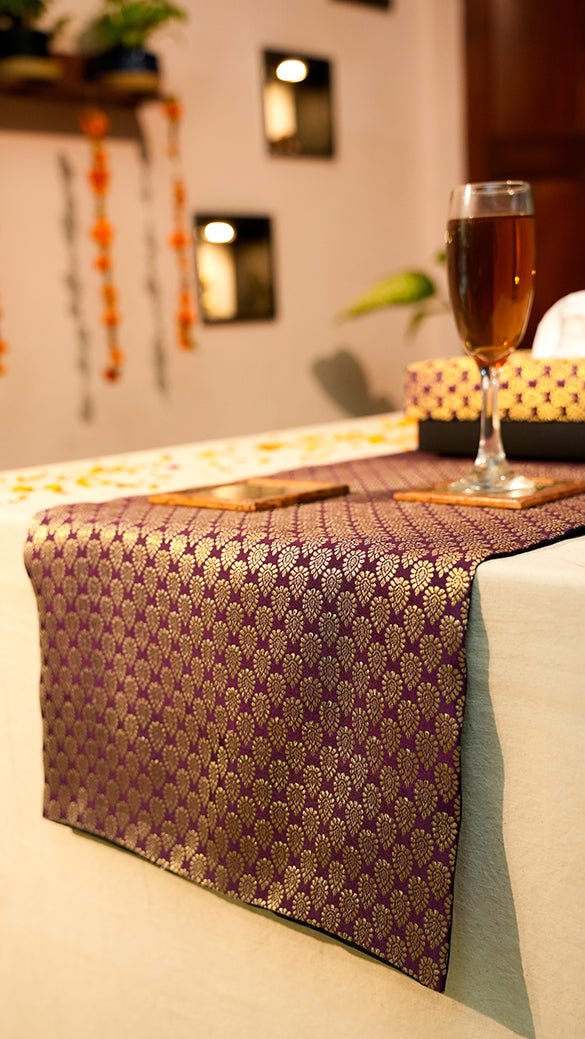 Ornate Purple Jacquard Weave Table Runner