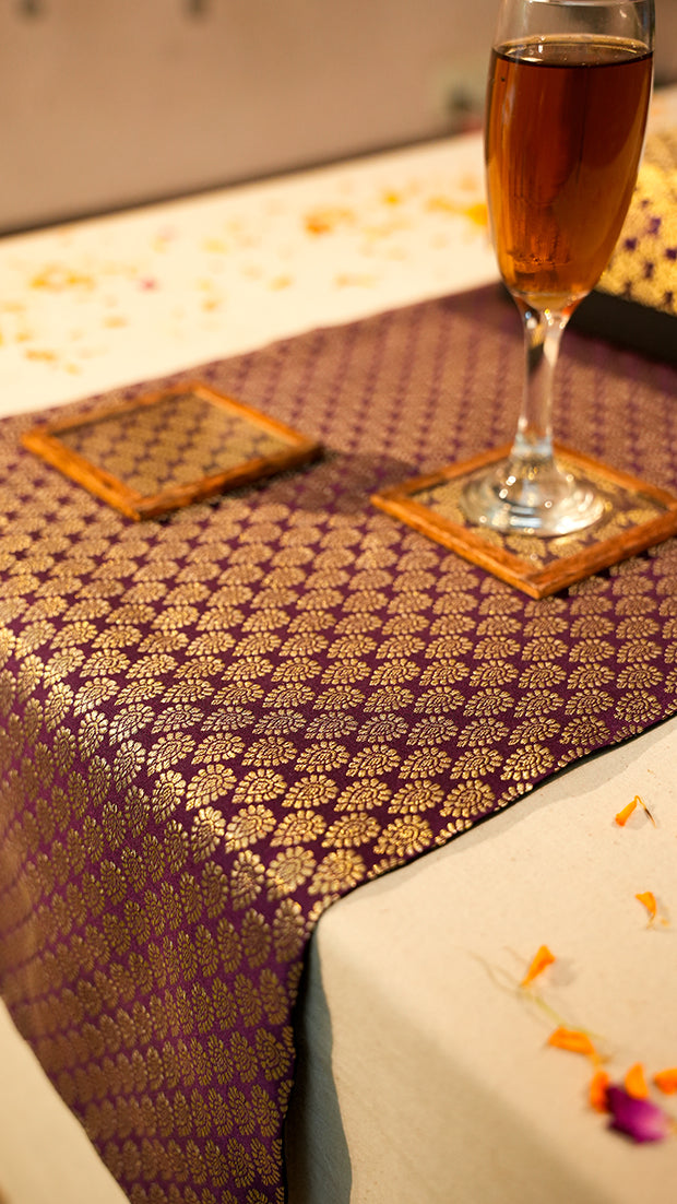 Elegant Purple Table Runner with Matching Tissue Box and Coaster Set