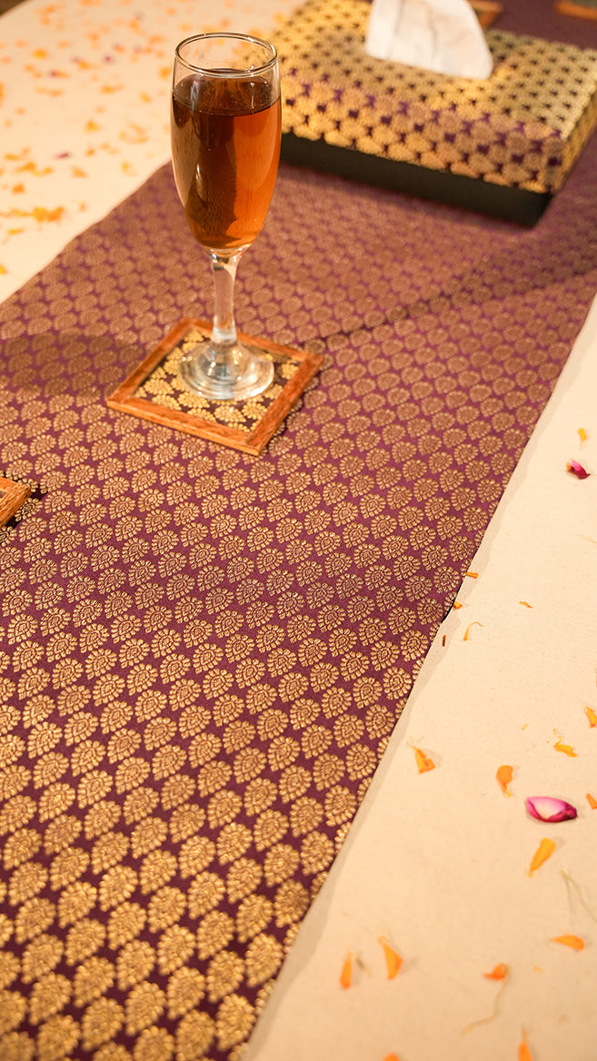 Elegant Purple Table Runner with Matching Tissue Box and Coaster Set