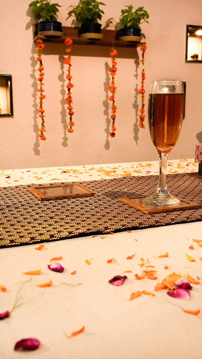 Elegant Purple Table Runner with Matching Tissue Box and Coaster Set